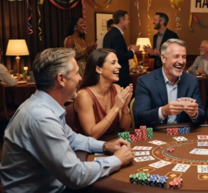 Goście bawiący się przy stołach kasynowych podczas eleganckiego eventu